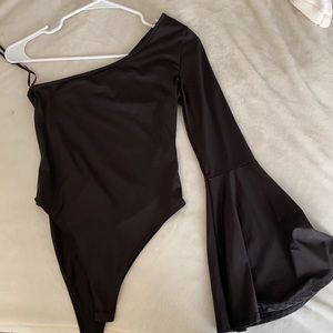 Black one shoulder bell sleeve bodysuit